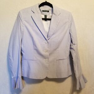 Lauren Ralph Lauren 8 Blazer Jacket Blue White Pin Striped Bell Sleeve Preppy
